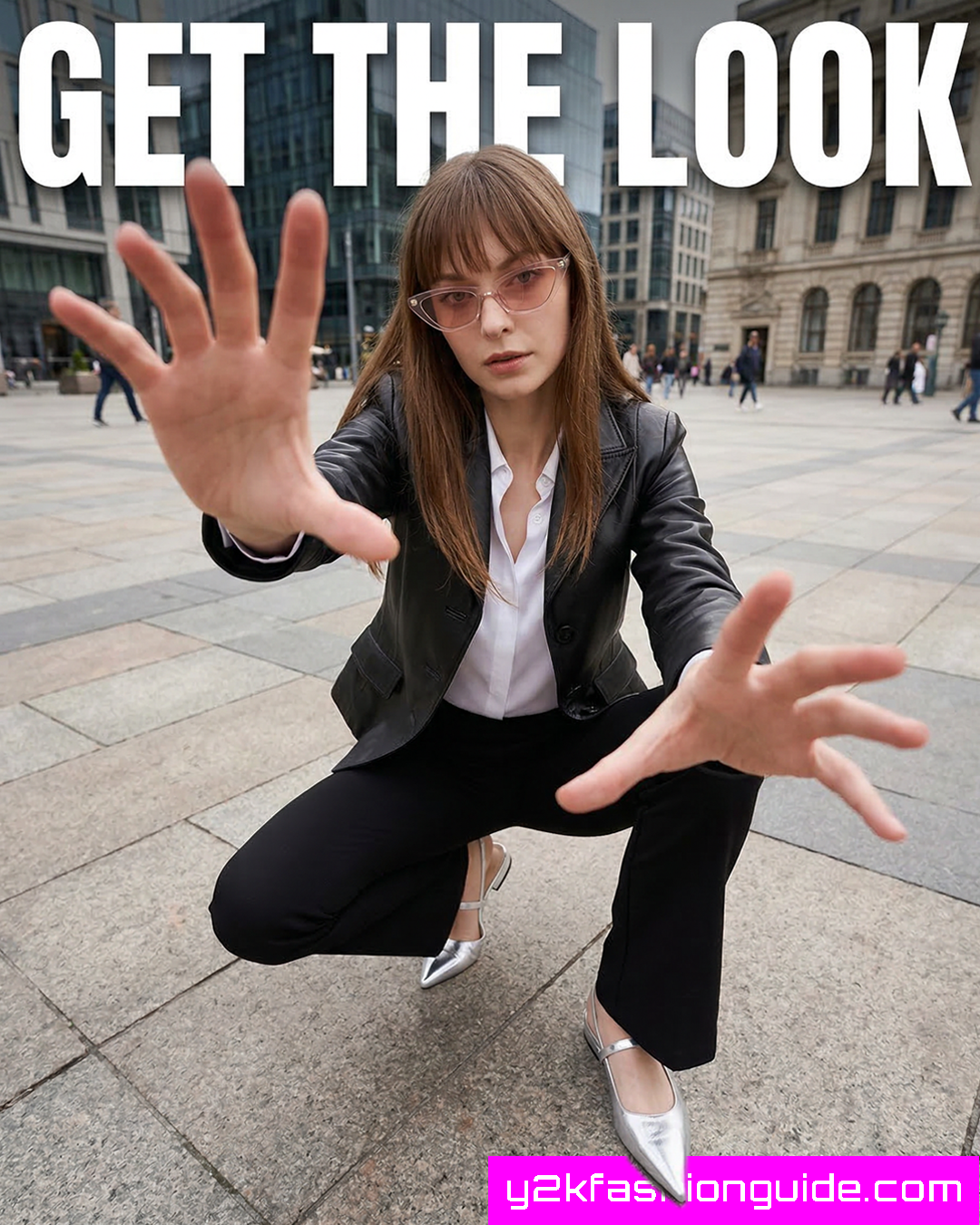 Woman in leather blazer, white shirt, black trousers and silver metallic flats crouching in urban plaza, Y2K office styling