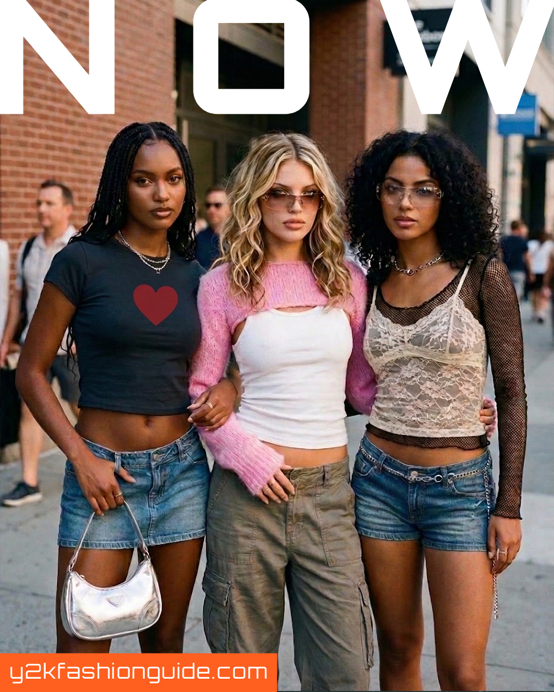Three women in authentic Y2K street style, early 2000s fashion