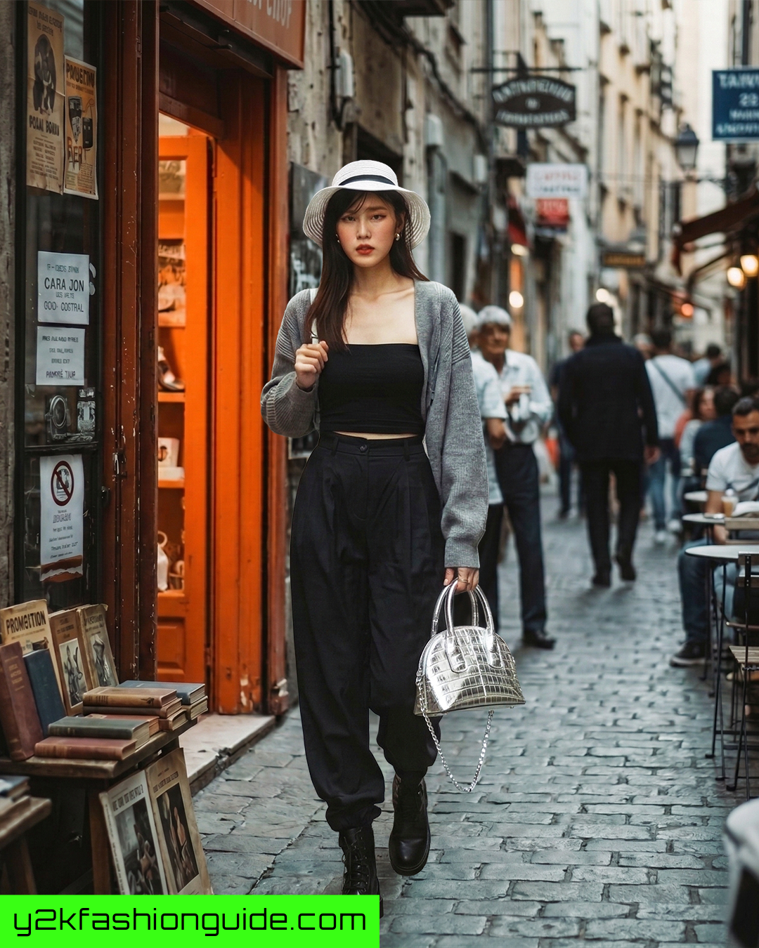 Woman carrying metallic silver bag on European cobblestone street, Y2K accessories styling