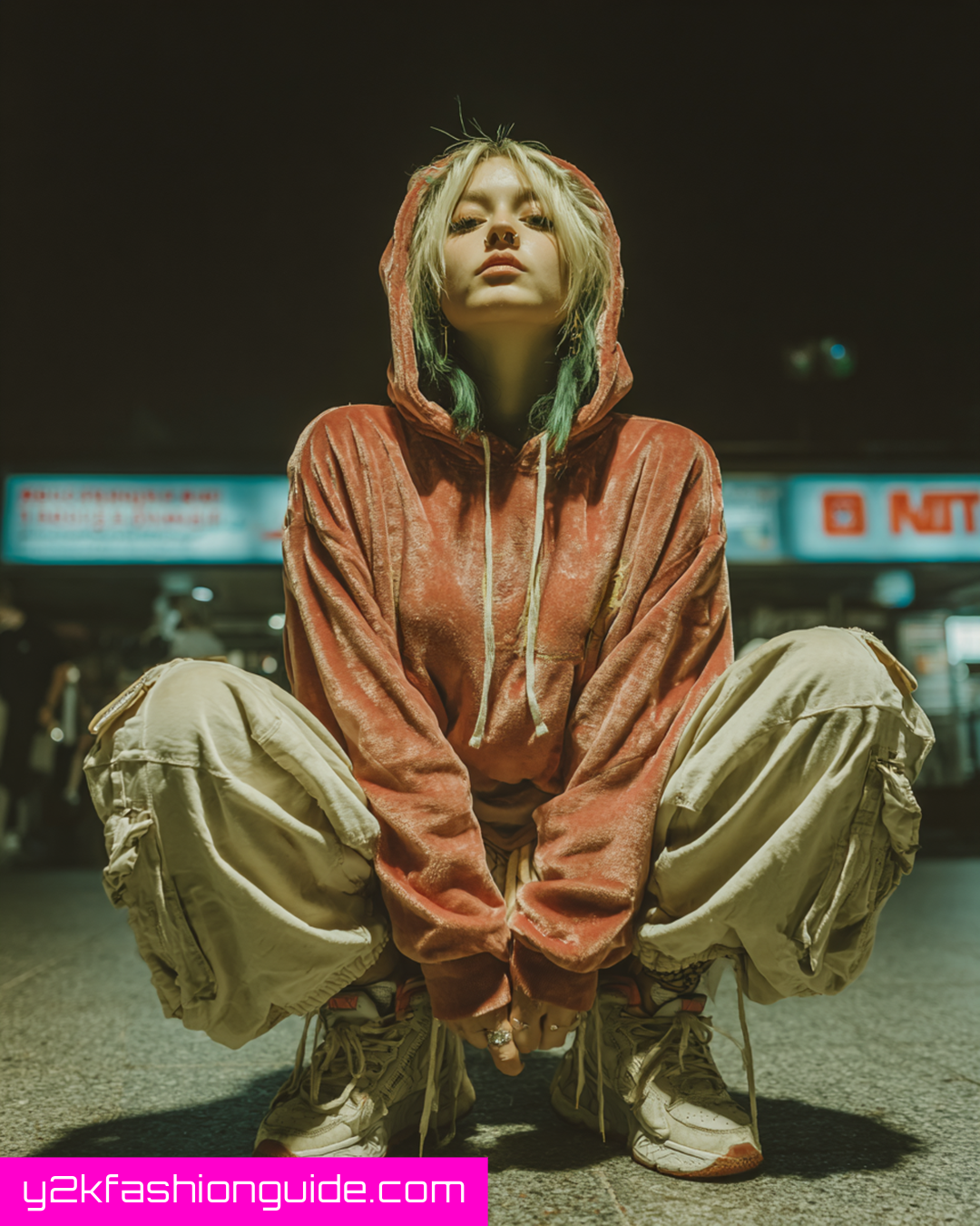 Woman in orange velour hoodie and cargo pants crouching on urban night street, Y2K streetwear