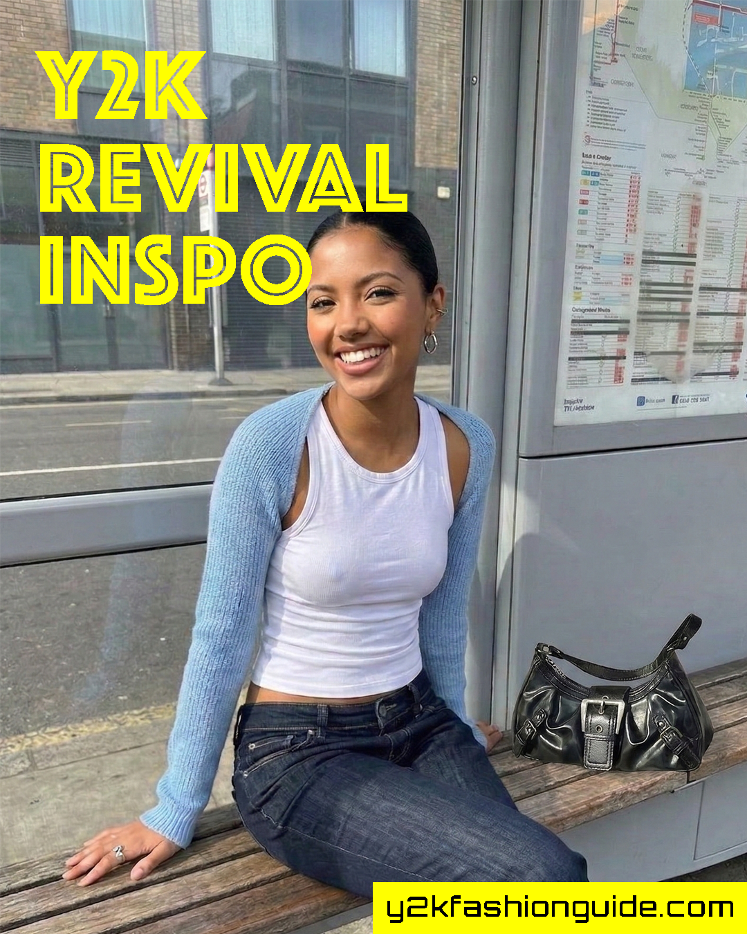 Woman at bus stop in white crop tank, blue cardigan, low-rise jeans and black Y2K baguette bag